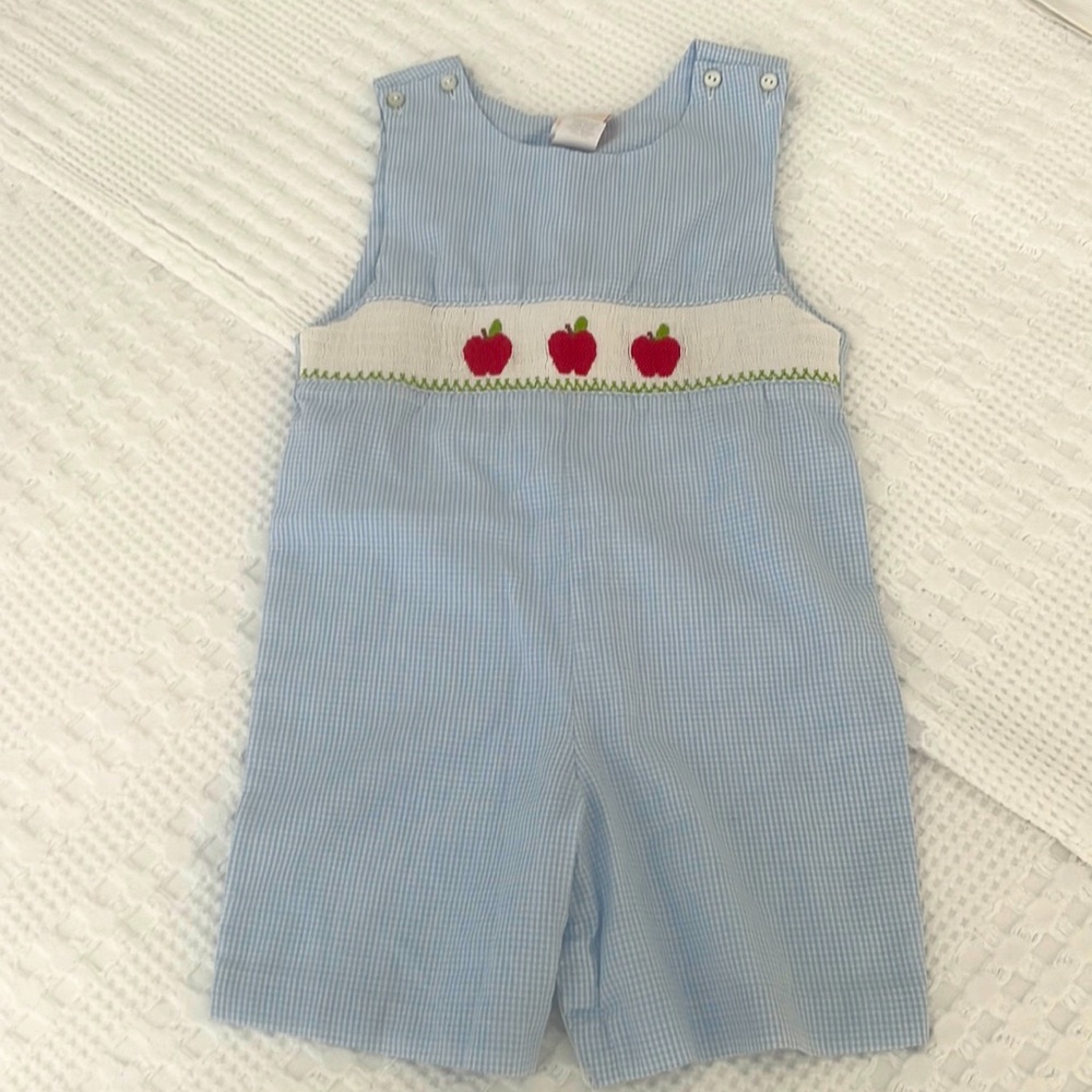 Apple smocked jon jon john john shortall in size 4t small lt blue gingham check